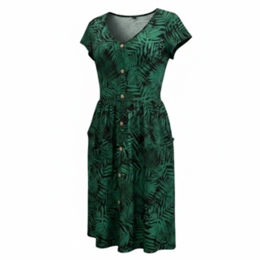 Unbranded Green‎ Tropical Palm Leaf Button Down Midi Dress Womens Size Small S